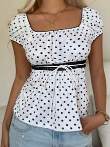 CovetEZ 女士波点圆领插肩袖系腰休闲T恤 - 黑與白 - 查看 4