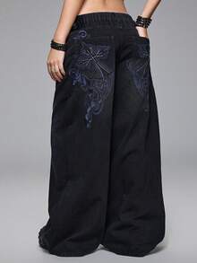 ROMWE Grunge Punk Quần jean ống đứng Punk Distressed Cross & Vine Washed Plus Size dành cho nữ - màu đen - Xem 5