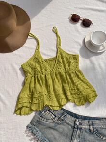 Comfortcana 女士纯色荷叶边下摆时尚吊带背心 - 綠色 - 查看 3