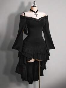 SHEIN ICON 大码女式V领蕾丝拼接喇叭袖T恤 - 黑色 - 查看 8