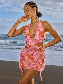 Swim Vcay Vestido halter con degradado de atardecer, tinte anudado y estampado de leopardo y lirio para mujeres, ideal para vacaciones de verano en la playa y resort, 2022 - Multicolor - Ver 5