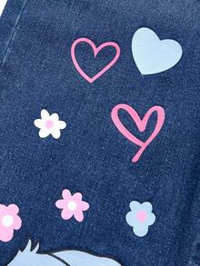 SHEIN 时尚休闲宽松水洗柔软爱心图案印花牛仔裤，适合少女夏季穿着