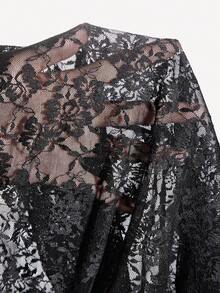 Mistrie Women's Summer Lace Slim Fit Irregular Hem Long Sleeved Round Neck See Through Sexy Black T-Shirt, Women's Summer Black Lace Skin Friendly Breathable Material, Side Seam Pleated Design, Irregular Hem Design. Women's Summer Top, Black Thin And Refreshing Lace Black Top, Women's Summer Matching,Beach For Women - Black - View 3