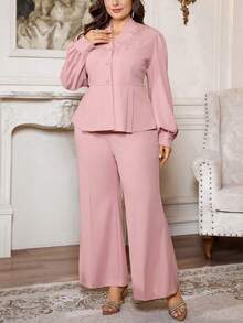 Firerie Plus Size Women 2pcs Set - Pink Lantern Sleeve Top And Pants, Elegant Outfit Suitable For Traditional Gatherings, Parties, Commute And Workplace Blouse And Pants Set Modest Two Piece Set Elegant 2 Piece Set Formal Two Piece Set - Dusty Pink - View 3