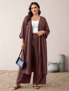 SHEIN Essnce Ensemble deux pièces grande taille pour femmes, composé d'un cardigan long texturé ample et confortable pour l'automne/hiver et d'un pantalon ample. Ensemble conservateur, ensemble de pantalon, jalabiya, tenue de printemps pour femmes, ensembles casual pour femmes - Kaki - Voir 4
