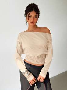 Women's Lace Patchwork Oblique Shoulder Long Sleeve T-Shirt, Autumn/Winter Spring - Apricot - View 10