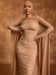 Vixey Vinröd Mesh Rynkad Fladdermusklänning Med Långärmad Ärm