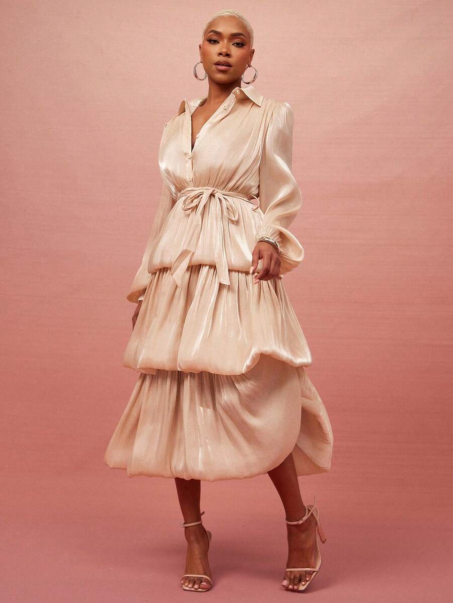 Vixey 象牙色欧根纱半开襟灯笼袖层叠泡泡下摆中长连衣裙