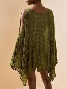 Zivah 女士蝙蝠袖上衣和抽绳腰短裤休闲优雅度假沙滩罩衫套装 - 軍綠色 - 查看 5