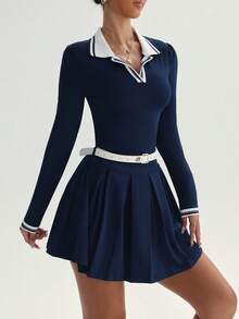 Dewbera Women's Striped Collared Long Sleeve Yoga Activewear Dress With Shorts - Navy Blue - View 4