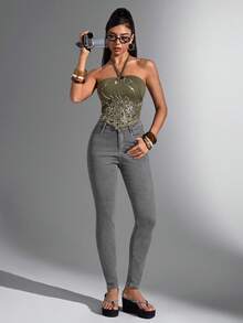 SHEIN Unity 女士纯色休闲牛仔裤 - 灰色 - 查看 6