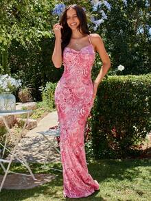 KARISMINA 女士时尚优雅吊带露背粉色碎花连衣裙，超级别致连衣裙，情人节连衣裙 - 粉色 - 查看 3