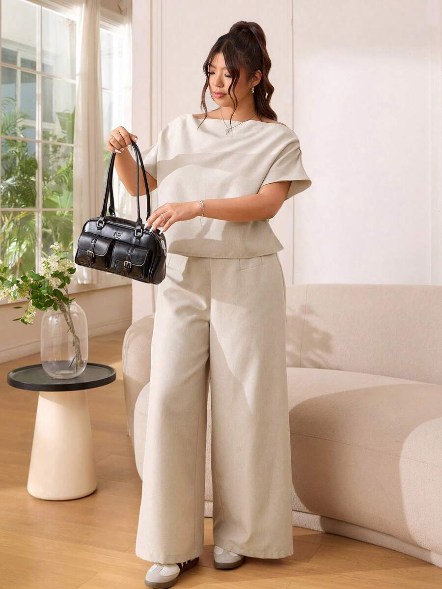 SHEIN EZwear 大码女式蝙蝠袖船领上衣和阔腿裤休闲两件套，春夏款 - 杏色 - 查看 1