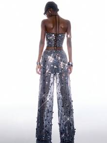 LYSMO 女士亮片露脐吊带上衣和阔腿裤时尚两件套 - 彩色 - 查看 2