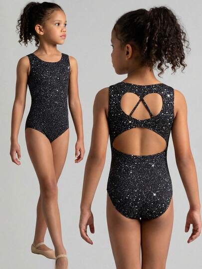 Young Girls' Hollow Back Knit Jumpsuit, Black Activewear, Dance, Ice Skating, Casual Daily Sports, Comfortable Bodysuit