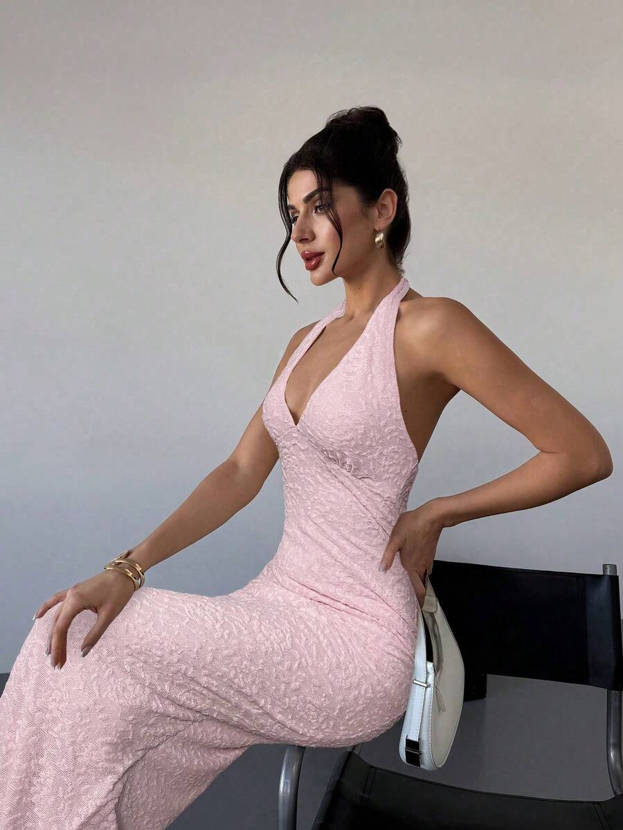 Firerie Elegant Romantic V-Neck Sleeveless Textured Bodycon Maxi Dress, Suitable For Date Nights, Spring/Summer - Baby Pink - View 1