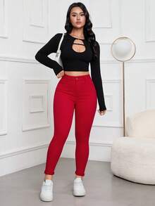 Rivivi Women's Solid Color Casual Denim Jeans - Red - View 6