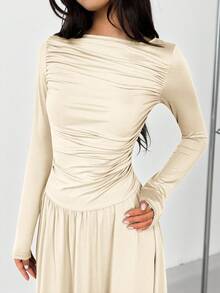 SHEIN Teen Girl Casual Minimalist Comfortable Long Sleeve Cinched Waist Mid-Length Dress - Apricot - View 3