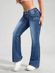 SHEIN PETITE Women's Low Waist Flare Casual Versatile Denim Jeans