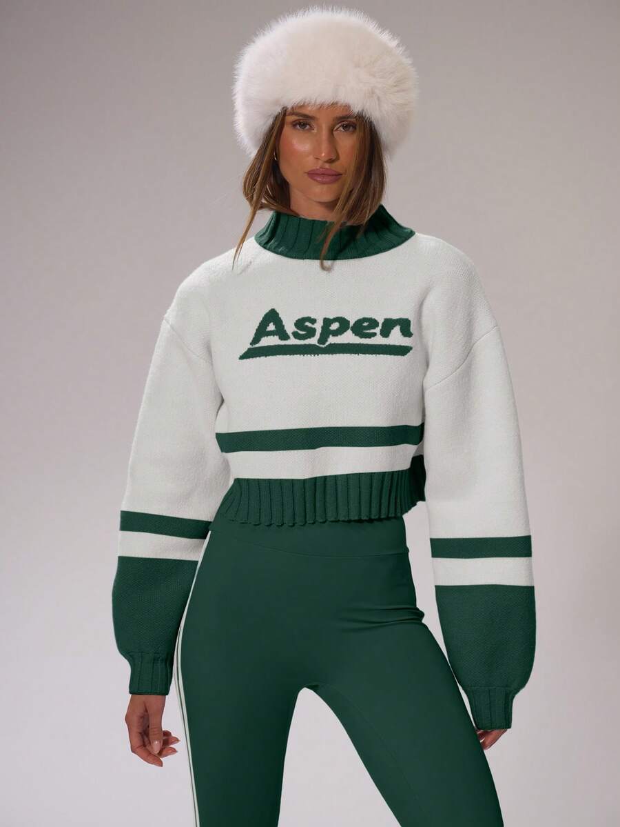 Musera Sport 运动漏斗领“Aspen”印花短款针织套头衫，适合冬季保暖运动、健身房锻炼、休闲滑雪、野雪等场合。 - 墨綠色 - 查看 1