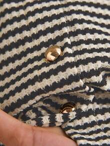 CosyJoli 大码女式休闲T恤，条纹上衣，纽扣上衣，女士外出服，女士休闲装，金属纽扣上衣，条纹长袖棉质上衣，女士可爱长袖上衣，春季必备 - 灰色 - 查看 7