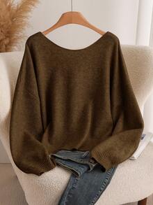 CosyJoli 女式加大码蝴蝶结针织毛衣，时尚舒适百搭套头衫，适合秋冬季 - 棕色 - 查看 2