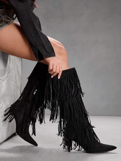 CUCCOO SZL Women's Pointed Toe Fringe Design Fashionable Elegant High Heel Knee-High Boots