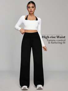 SHEIN PETITE Quần jean denim nữ cạp cao, ống rộng, có túi, dáng rộng, thoải mái - màu đen - Xem 3