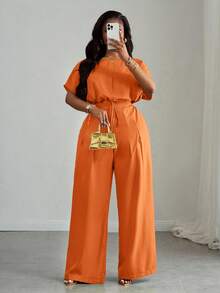 Slaydiva Bộ đồ 2 mảnh màu xanh lá cây dáng rộng, thanh lịch, phù hợp cho đi làm, dự tiệc, đi club và hoạt động ngoài trời dành cho nữ, gồm áo crop top và quần ống rộng có túi, vai rớt, dây rút, size A - Trang phục mùa hè - trái cam - Xem 5