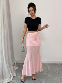 Elenzga 女士纯色网纱拼接鱼尾裙，百搭 - 粉色 - 查看 4