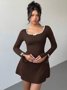 Aloruh Đầm ngắn tay dài thời trang dành cho nữ, viền nơ trang trí. - màu nâu - Xem 7