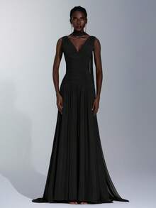 Elitara Váy chữ A xòe rộng, cổ chữ V, chất liệu lưới bóng, màu đỏ tía sang trọng, xếp ly (có thể tháo rời phần bèo nhún bằng chiffon), thích hợp cho các buổi hẹn hò, tiệc độc thân, đám cưới, sự kiện trang trọng, váy phù dâu. - màu đen - Xem 6