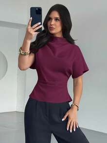 Firerie Crinkle Collar Asymmetrical Sleeve Side Ruched Cinched Waist Commuter Apricot Bamboo Linen Fabric Women Shirt, All Season - Red Violet - View 6