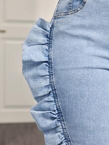 BamGleam Quần jeans ống loe nữ thời trang thường ngày, có túi, phối họa tiết, xếp ly và gấu quần. - Màu xanh lam - Xem 7