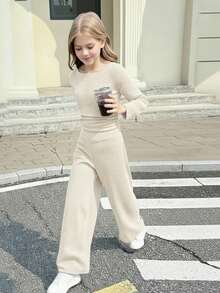 Serisse Kids 少女秋冬休闲时尚百搭罗纹露肩/露肩两用T恤套装，带口袋，搭配直筒裤，适合周末、休闲外出、返校季穿着。 - 杏色 - 查看 5