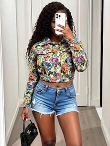 BamGleam Áo khoác ngắn họa tiết hoa Jacquard cổ điển giản dị, áo khoác ngoài ôm vừa vặn một hàng khuy ve lật, áo hoa nhiều màu sắc ngọt ngào và mát mẻ khi đi làm hàng ngày, áo khoác tiện dụng phong cách đường phố đa năng dành cho nữ - Nhiều màu - Xem 5