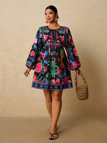Travachic 大码女式热带花卉印花连衣裙，圆领系带蝴蝶结长袖短款连衣裙 - 彩色 - 查看 6