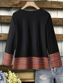 Lacomfia Áo thun dài tay dáng rộng, tối giản, phối màu, họa tiết Sadu cổ điển, phong cách thường ngày, dành cho nữ, thích hợp cho mùa xuân/thu. - Nhiều màu - Xem 2