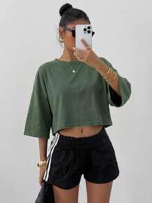 SHEIN EZwear 女士复古军绿色落肩短款T恤，休闲夏季风格。 - 軍綠色 - 查看 5