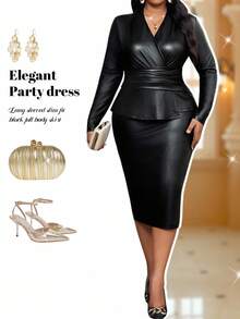 Fleurora Robes grande taille Tenues d'automne pour femmes Automne et hiver Élégante Navette Bureau Concert/Festival de musique Plus grande taille Robe de bureau d'affaires Robe chic Robe d'affaires en PU Robe noire Robe d'hiver Robes d'automne pour femmes - Noir - Voir 2