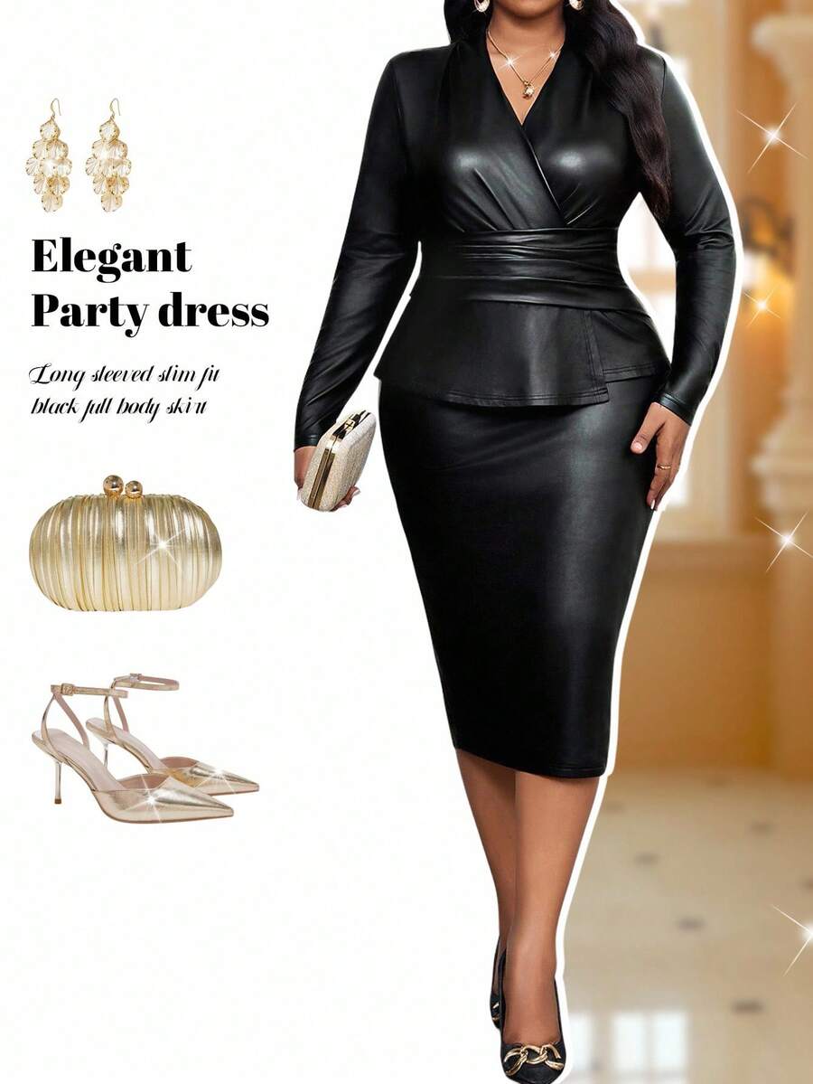 Fleurora Robes grande taille Tenues d'automne pour femmes Automne et hiver Élégante Navette Bureau Concert/Festival de musique Plus grande taille Robe de bureau d'affaires Robe chic Robe d'affaires en PU Robe noire Robe d'hiver Robes d'automne pour femmes