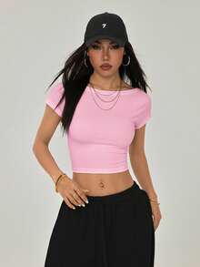 SHEIN PETITE Women's Sexy Baby Pink Plain Crop Tee With Backless Design And Cap Sleeves Round Neck - Baby Pink - View 7