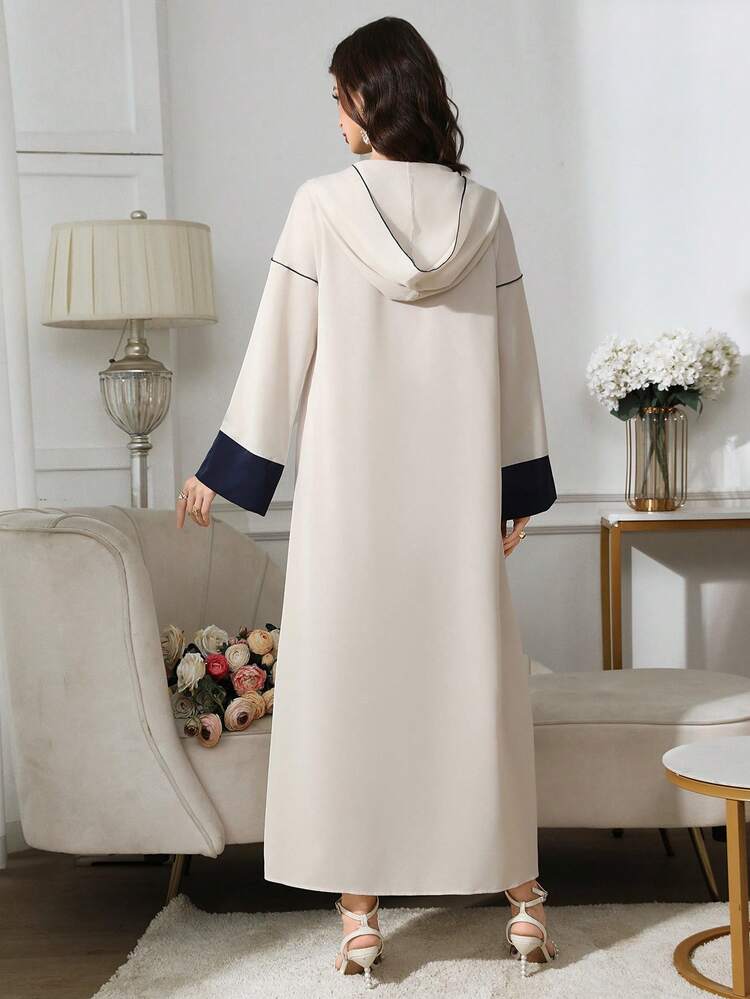 Al Najma رمضان فستان عباية كاجوال بأكمام طويلة وكتف منسدل مطرز بالزهور مع كابوشون للنساء - لون مشمشي - مشاهدة 2