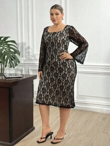 Truni Fall Clothes For Women,WinterPlus Size Round Neck Raglan Flare Sleeve Fitted Lace Dress/Autumn /Winter - Black - View 3