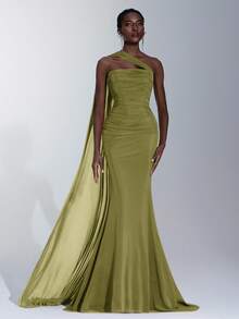 Elitara 优雅棕色无肩带高弹力亮面网纱褶皱美人鱼不对称领口飘逸连衣裙，适合约会、婚礼、活动、伴娘等场合 - 橄欖綠 - 查看 6