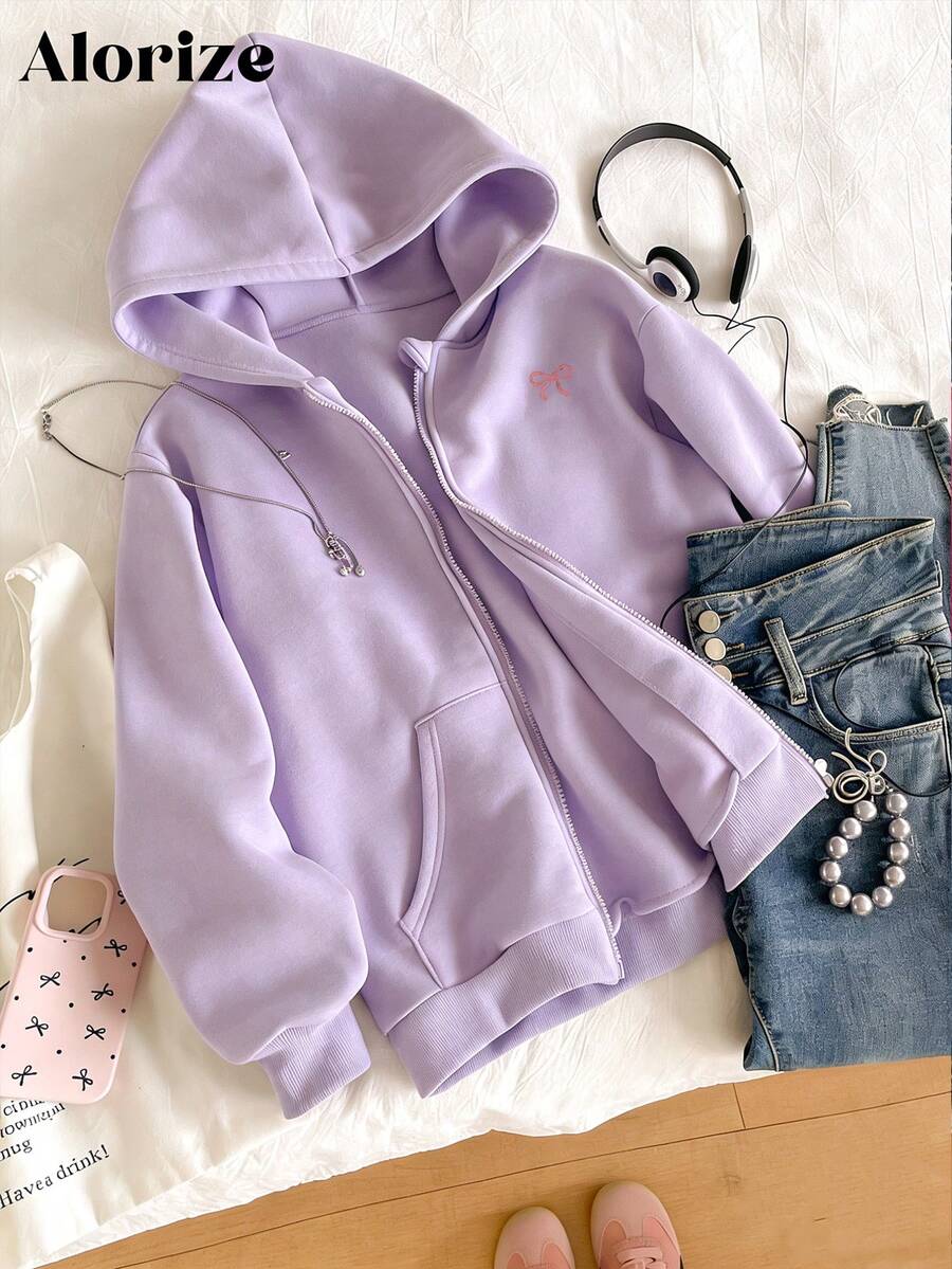 少女休闲连帽拉链卫衣，饰有粉色蝴蝶结刺绣和口袋，适合上学、通勤、散步，可搭配运动裤、长袖衫和毛衣。 - 紫色 - 查看 1