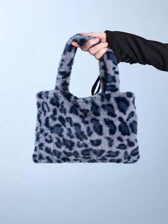Goth 1 Stück Y2K Retro Mode vielseitige süße & lässige hochwertige Großraum Herbst/Winter blaue Kunstfell Leopard/Tiger Muster Tierdruck Handtasche, Shopper, Umhängetasche, geeignet für Frauen, täglichen Gebrauch, Geschenk