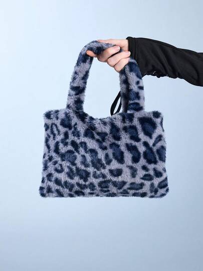 ROMWE Goth 1pc Y2K Retro Fashion Versatile Sweet & Lazy High-Quality Large Capacity Autumn/Winter Blue Faux Fur Leopard/Tiger Print Animal Pattern Handbag, Tote Bag, Shoulder Bag, Suitable For Women, Daily Commute, Gift
