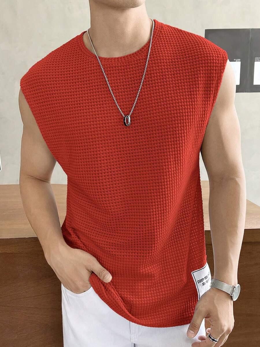 SWAVVY 男士纯色圆领休闲百搭通勤针织背心 男士上衣 无袖红色上衣 男士网眼上衣 男士S码无袖T恤 男士夏季上衣 - 紅色 - 查看 1