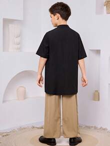SHEIN Tween Boy Letter Patched Pocket Half Button Shirt & Drawstring Waist Pants Sets - Black - View 8